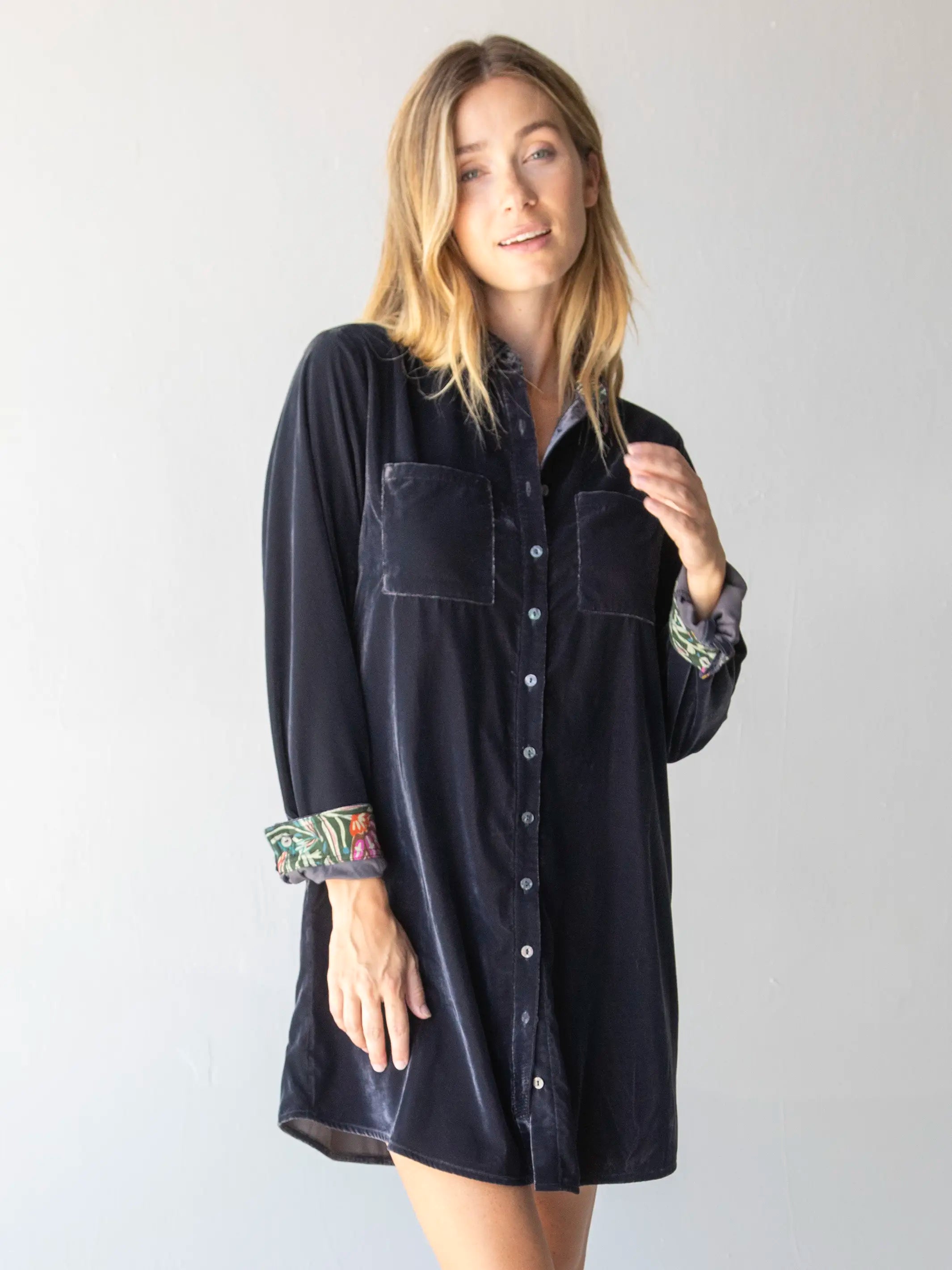 Budget Saver Rocky Velvet Shirt Dress - Slate Grey Fashion-Forward Style