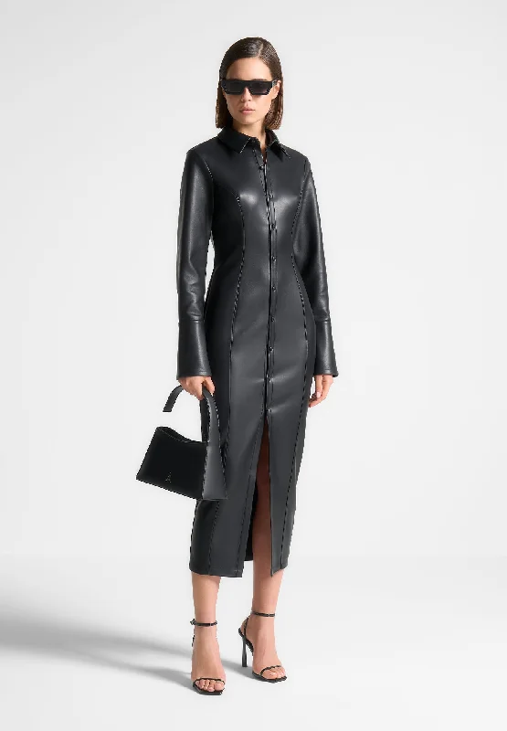 Fashion Forward Leather Midaxi Shirt Dress - Black Flash Sale