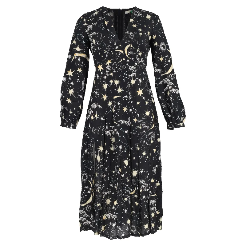 Hot Sale Rixo Camellia Constellation Midi Long Sleeve Dress in Black Viscose Minimalist Chic