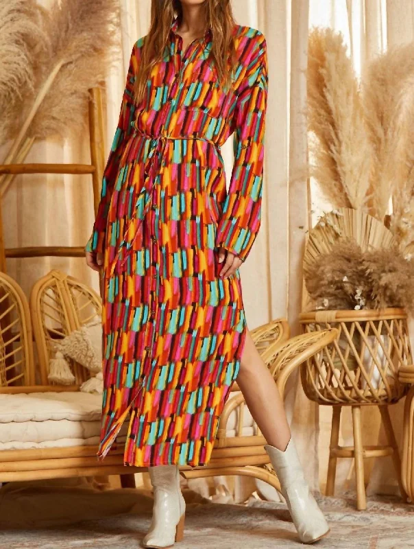 Clearance Event Button Down Fun Print Maxi Shirt Dress In Multi Color Flash Deals