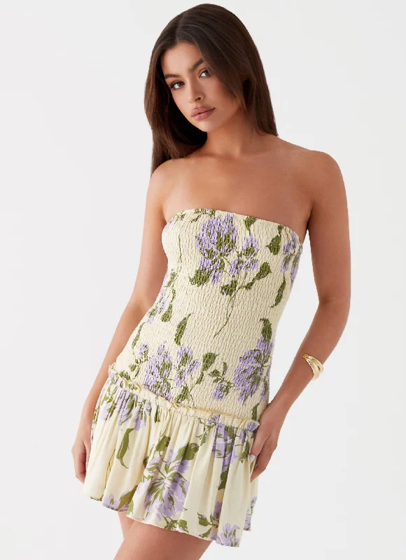 Essentials On Sale Break From Toronto Linen Mini Dress - Yellow Purple Floral Spring Fling Sale