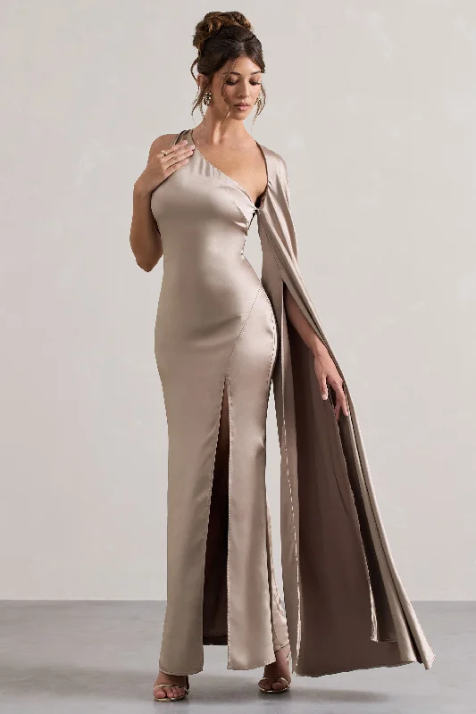 Shop Sales Gala | Taupe Satin One-Shoulder Cape Sleeve Split Maxi Dress Save on Inspired Styles