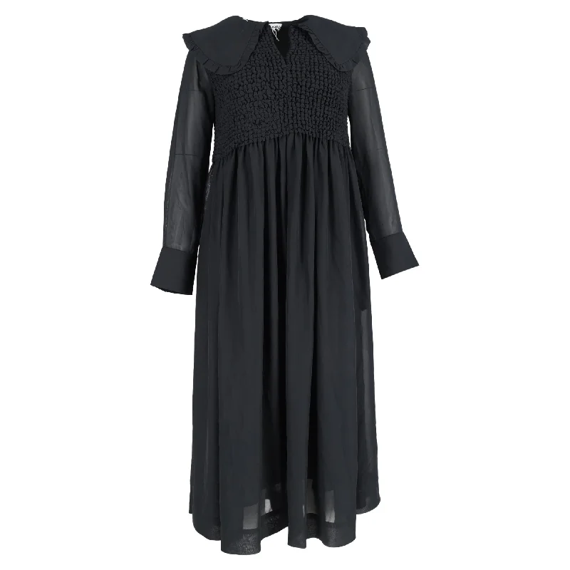 Limited Stock Ganni Smocked Bodice Midi Long Sleeve Dress in Black Polyester Flowy Fabric