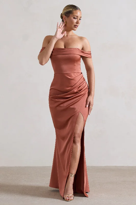 Hot Items Katia | Rust Satin Bardot Maxi Dress Playful Elegance