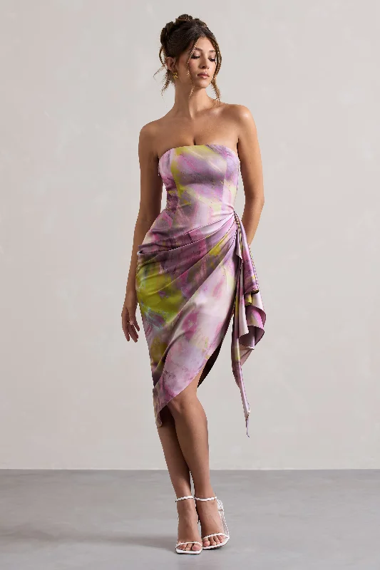 Limited-Time Offer Axel | Lilac Print Satin Strapless Wrap Midi Dress Hollywood Glam Award - Show Style