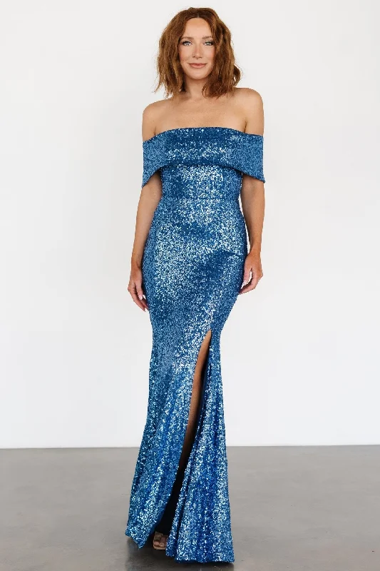 Evening Elegance Yvonne Off Shoulder Sequin Gown | Blue Seasonal Trend