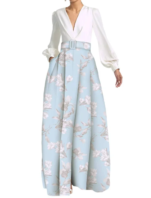 Timeless Style Promotions Zoe Gown In Ivory/sky Venetia Petals Dreamy Draping