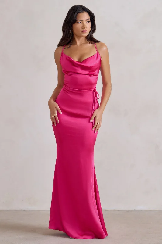 Fresh Fashion Discounts Lifetime | Fuchsia Pink Satin Cowl Neck Maxi Dress With Cross Back Detail Boho - Chic Festival - Ready Style