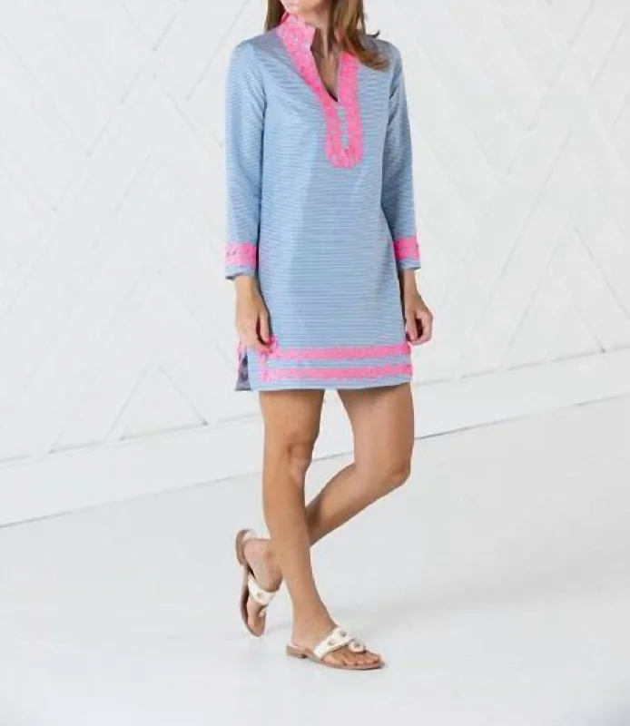 Classy Style Discounts Long Sleeve Tunic Dress In Blue/white Feminine Soft - Hued Styles