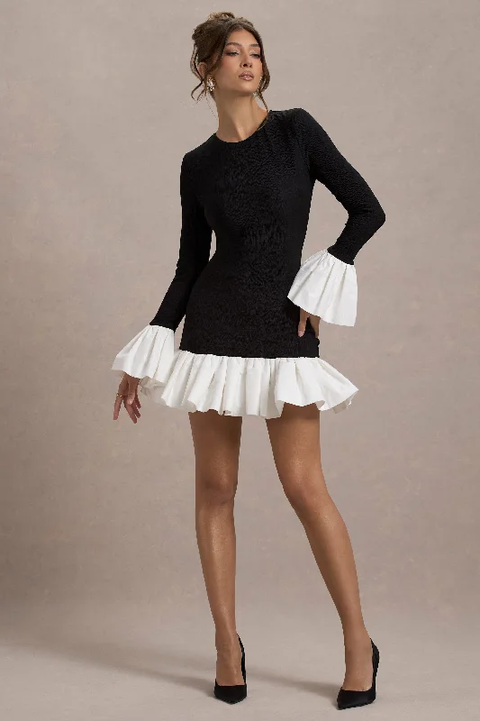 Affordable Luxury Fashion Josefina | Black Long-Sleeve Mini Dress With White Satin Trims Great Prices on Feminine Styles