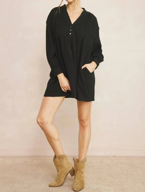 Seasonal Fashion Solid Textured Long Sleeve Dress In Black Great Deals on Ethnic Cultural Wear