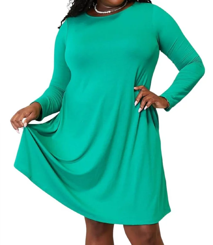 New Season Fashion Preview Full Size Long Sleeve Flare Dress With Pockets In Turquoise Casual Elegance