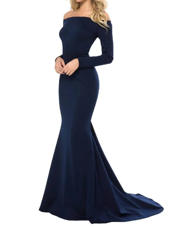 Shop The Hottest Deals Off-The-Shoulder Long Sleeves Dress In Navy Feminine Soft - Hued Look