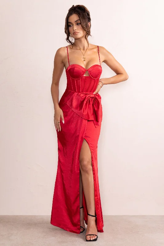 Vibrant Style Promotions Odette | Red Satin Sweetheart Corset Bow Detail Maxi Dress Mid - Season Sale