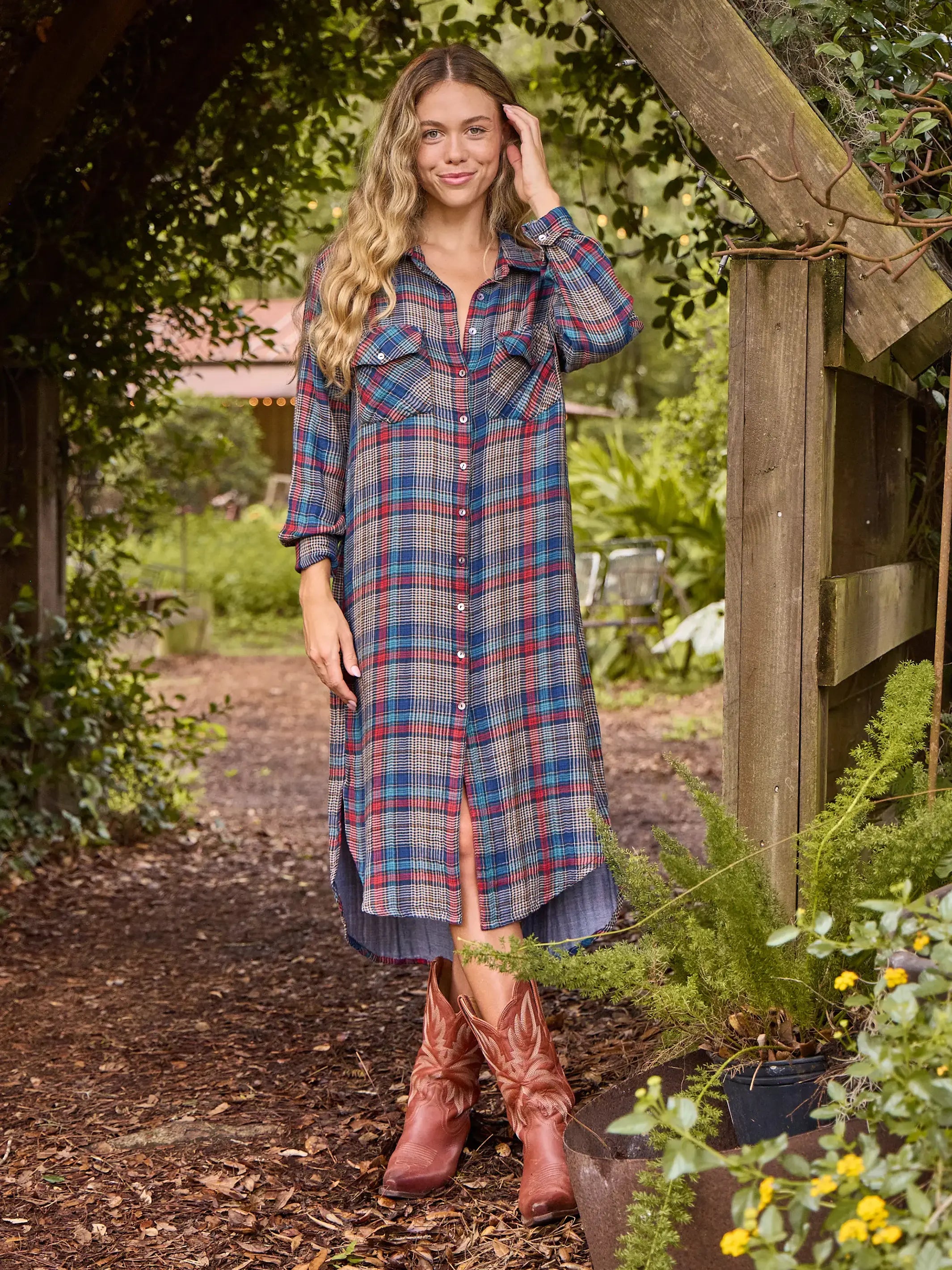 Limited Time Offers Cooper Flannel Shirt Dress - Navy Red Plaid Lightweight Fabric