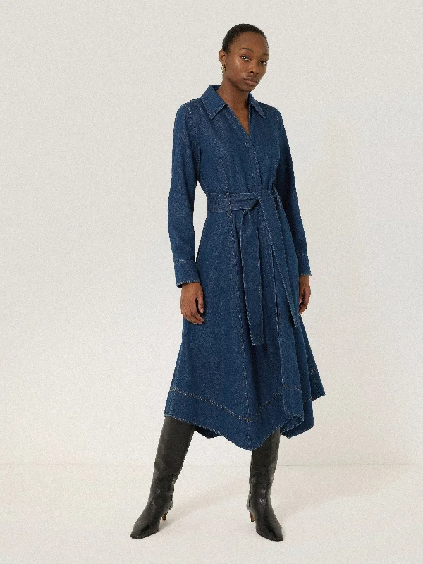 Fashionable Comfort Promotions Fluid Denim Belted Shirt Dress | Indigo Charming Silhouette