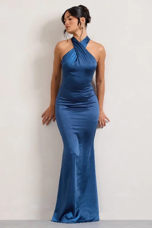 Best Deals Of The Season Unstoppable | Navy Satin Cross Over Halterneck Maxi Dress Graceful Movement