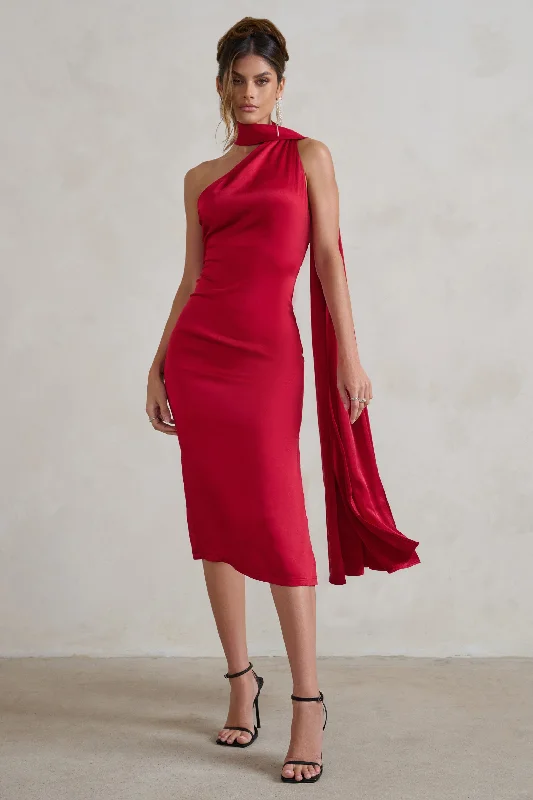 Premium Style Offers Madame | Berry Red Satin Asymmetric Scarf Neck Backless Midi Dress Tropical Island - Inspired Attire