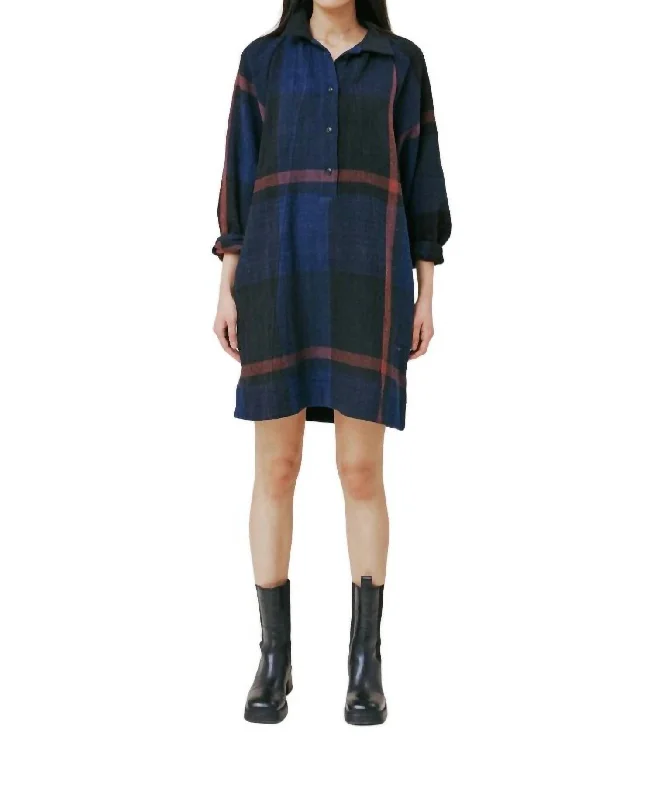 Exclusive Sale Hilma Shirt Dress In Navy Cotton Plaid Winter Warm - Up Sale