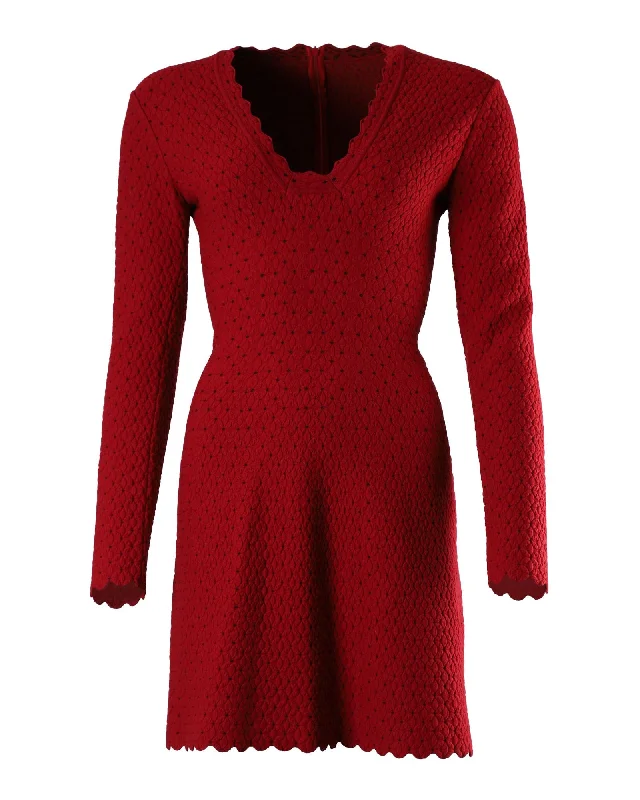 Top Deals Alaïa Knitted Long Sleeve Dress in Red Wool Vintage Retro Party Wear