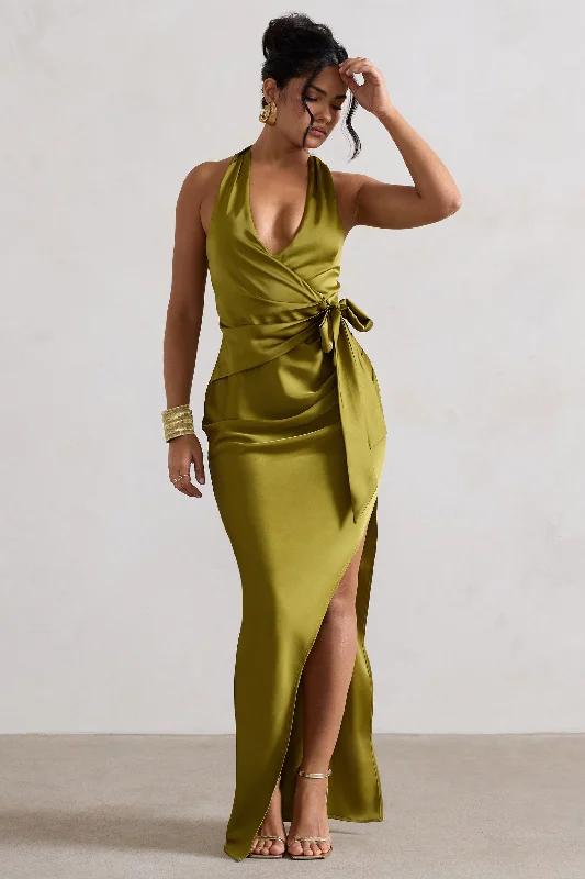 Embrace New Fashion Santorini | Olive Satin Plunge-Neck Wrap Maxi Dress Flash Deals