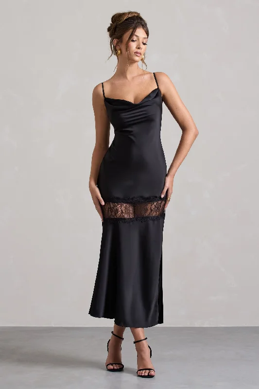 Street Chic Discounts Matera | Black Satin Cowl-Neck Lace Trim Maxi Dress Weekend Special