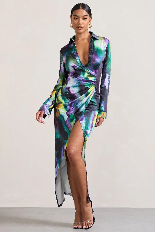 Fashion Essentials Oasis | Watercolour Print Satin Long-Sleeved Maxi Shirt Dress Update with Cottagecore Styles