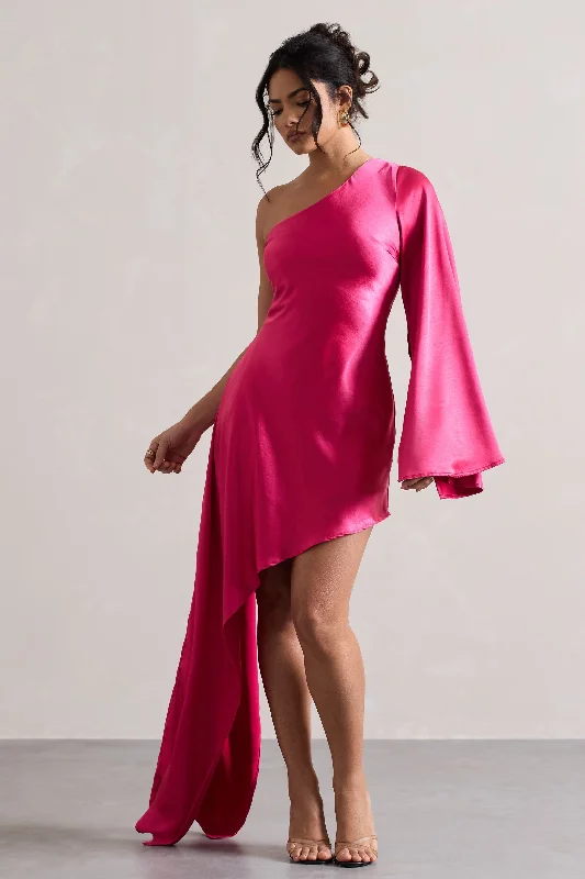 Urban Fashion Hanna | Hot Pink One Shoulder Asymmetric Draped Satin Mini Dress Urban Sophistication