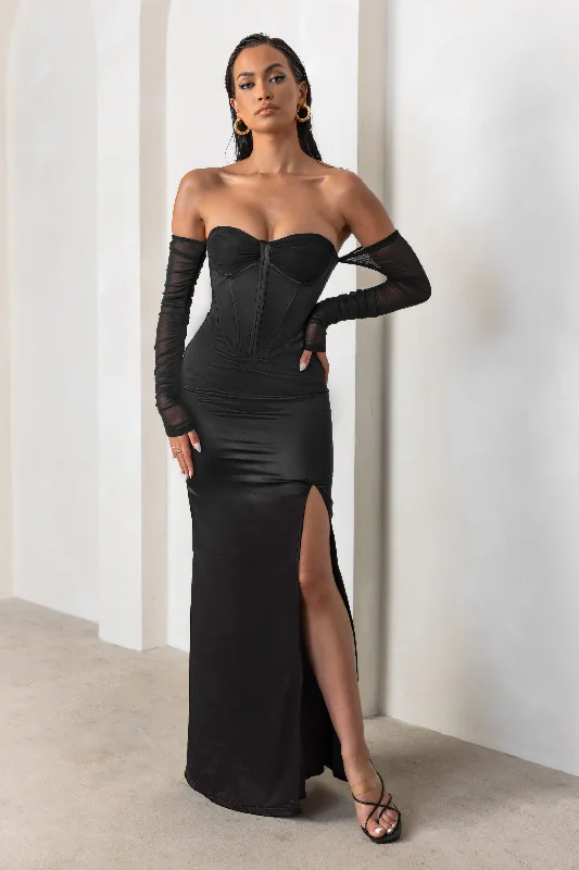 Luxe Style Discounts My Prize | Black Satin Bardot Mesh Long Sleeve Maxi Dress With Thigh Split Flash Deals