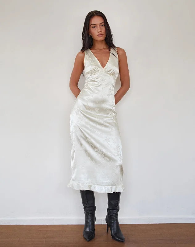 Trendy Fashion Sale Gastari Midi Dress in Satin Jacquard White Feminine Charm