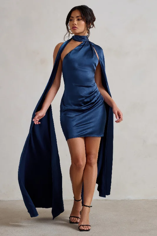 Bold Style Discounts Laurelie | Navy Satin Statement Cape Design Mini Dress Vintage Elegance