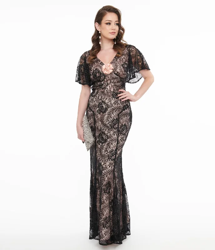 Chic Style, Always In Vogue Unique Vintage 1930s Black Lace & Peach Lining Flutter Sleeve Gown Art Deco Geometric Pattern Look