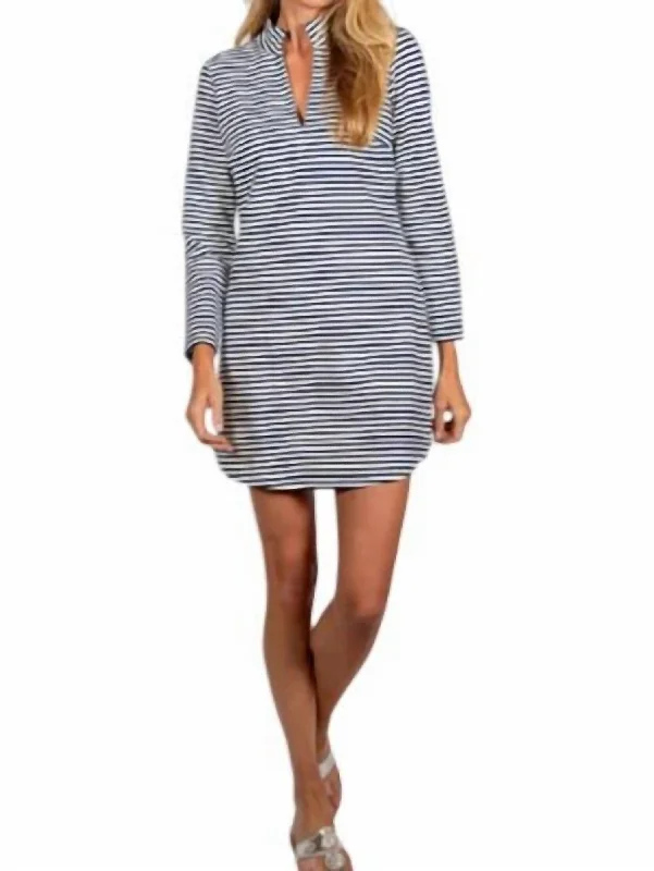 Big Discounts Long Sleeve Classic Tunic Dress In Navy/white Art Deco Geometric Pattern Look