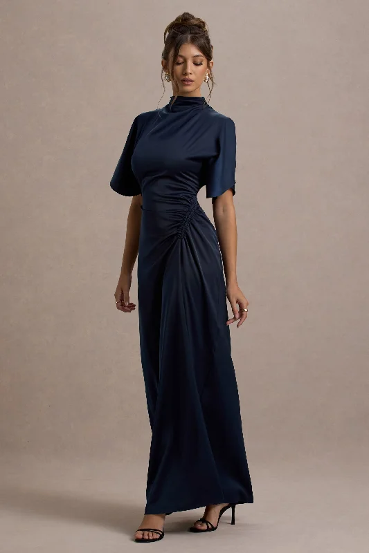 Bold Style Discounts Audley | Navy Satin High-Neck Flutter-Sleeve Maxi Dress Minimalist Chic