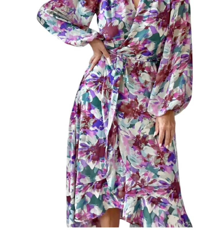 Urban Fashion Cassandra Long Sleeve Wrap Dress In Purple Multi Mother's Day Special