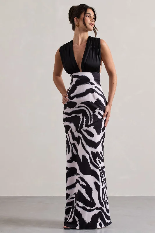 Daring Fashion Promotions Azzara | Zebra Print Satin Ruched V-Neck Maxi Dress Big Savings on Minimalist Office Styles