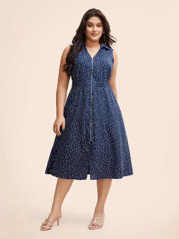 Sporty Fashion Offers Polka Dot Zipper Split Front Sleeveless Dress Modern Romance