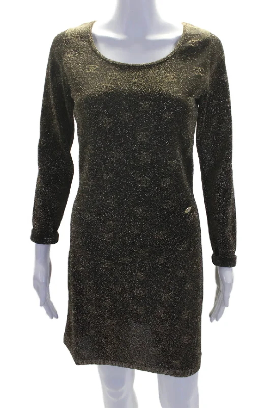 Style Breakthroughs Chanel Womens Logo Print Long Sleeves Body Con Dress Bronze Metallic Feminine Grace