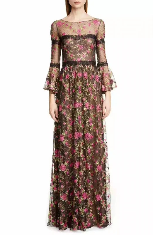 Big Savings Embroidered Long Sleeve Tulle Dress In Black/pink Early Access to Art Deco Styles Sale