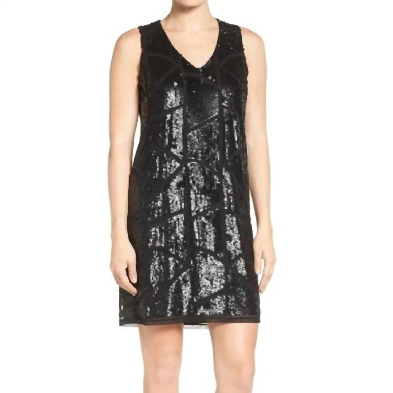 Fashionable Comfort Promotions Sequin V Neck Sleeveless Shift Cocktail Dress In Black Feminine Flow