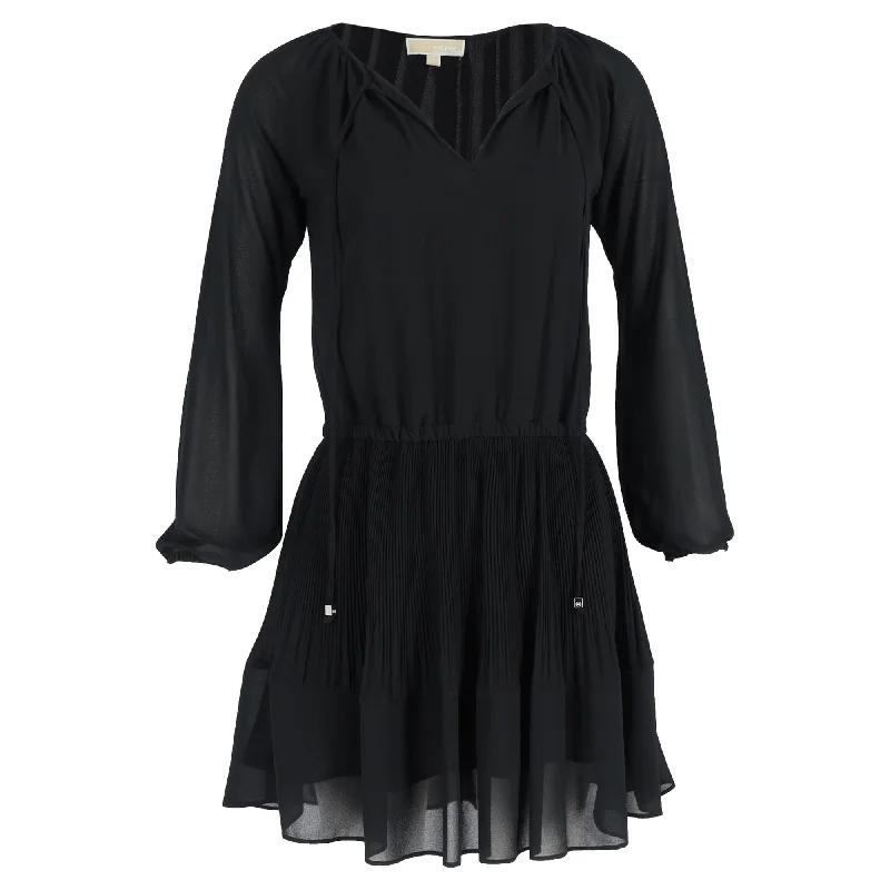 Limited Time Flash Sale Michael Kors Pleated Mini Long Sleeve Dress in Black Polyester Elevated Style