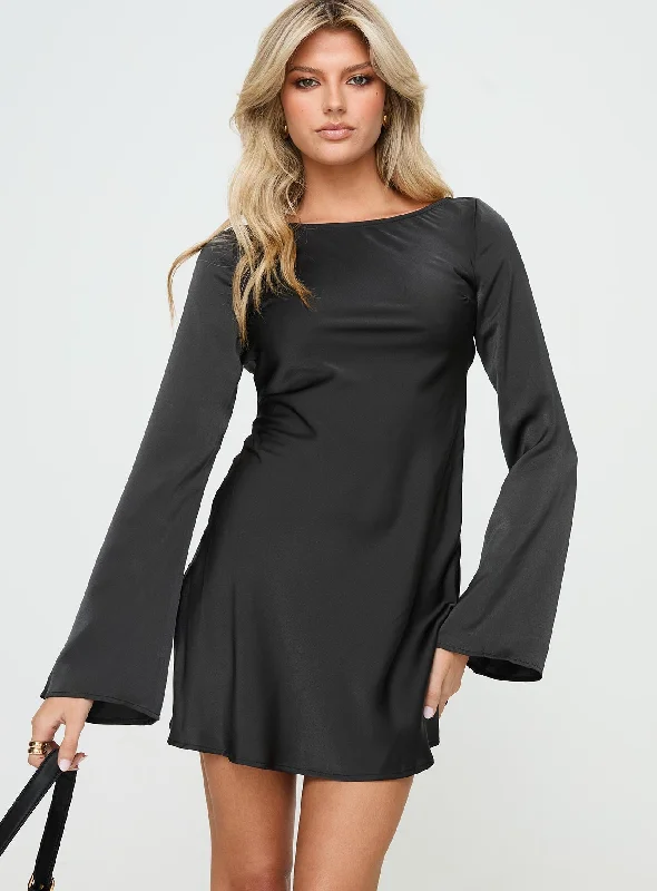 Limited Time Offer Lukea Long Sleeve Satin Mini Dress Black Disco - Inspired Retro Dance Look