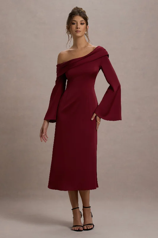 Seasonal Sale Astral | Port Satin Asymmetric Flared-Sleeve Midi Dress Casual Weekend Relaxed Style