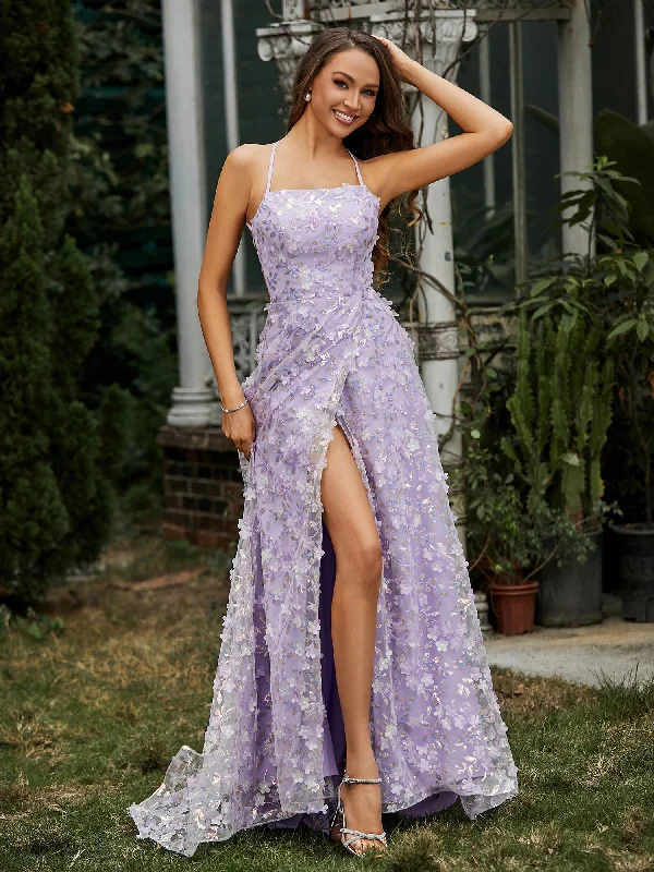 Flirty Fashion Discounts Square Neckline Sweep Train Floral Dress With Slit Lilac Rustic Countryside Charm Look