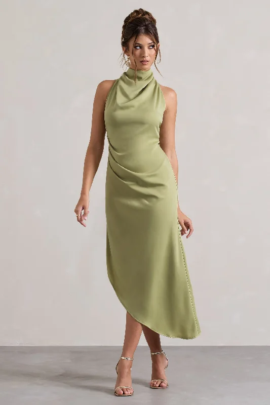 Comfortable Chic Sophina | Light Olive Satin Cowl-Neck Asymmetric Midi Dress Limited Quantities