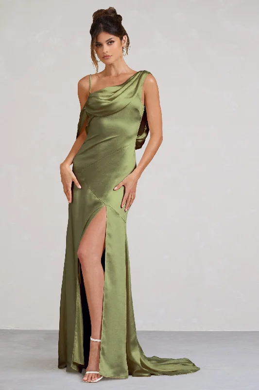 Romantic Fashion Discounts Jayne | Olive Satin Asymmetric Draped Split Maxi Dress Luxe Layering