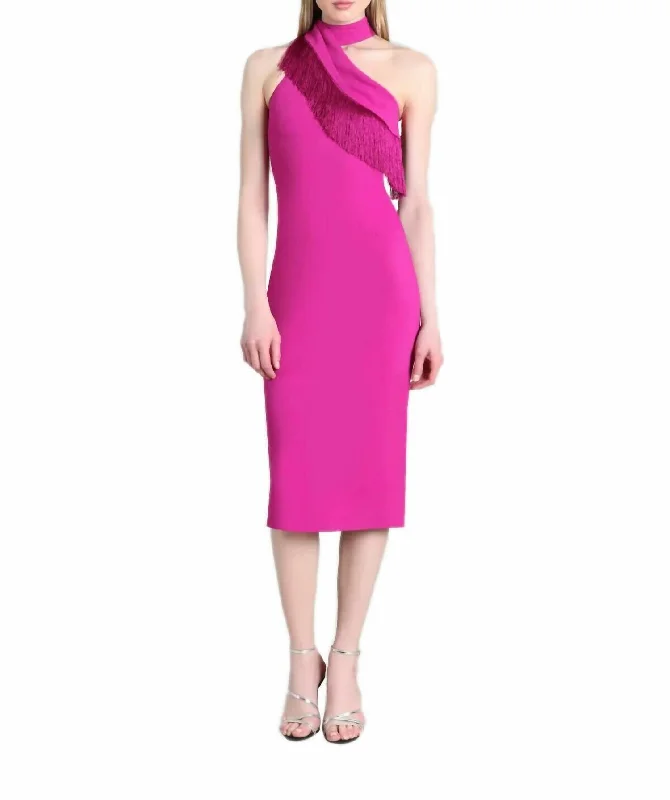 Playful Fashion Offers Fringe Mock Neck Pencil Bodycon Dress In Pink Lightweight Fabric