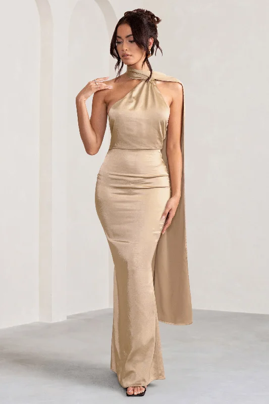 Daily Deals Mademoiselle | Champagne Satin Asymmetric Scarf Neck Backless Maxi Dress Dreamy Draping