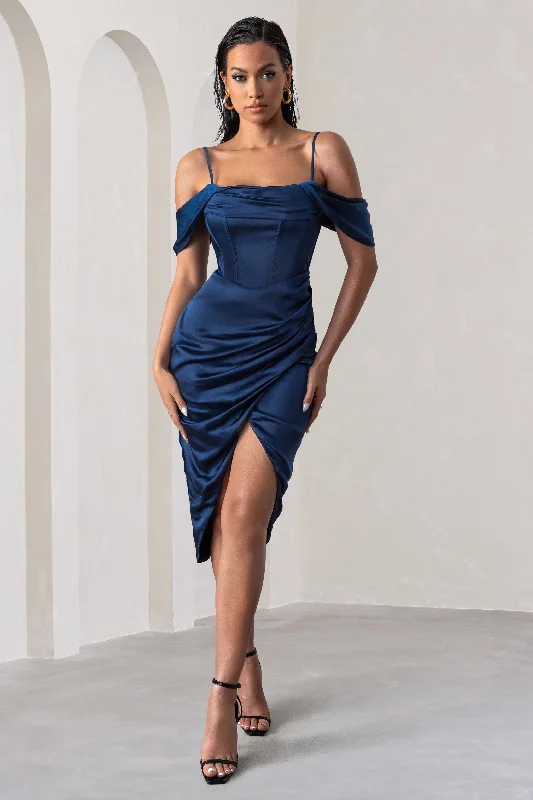 Must Haves Deserving | Navy Satin Bardot Sleeve Corset Wrap Midi Dress Feminine Soft - Hued Look