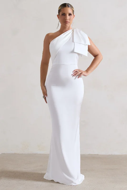 New Styles Just In Lady | White Satin One Shoulder Maxi Dress With Bow Casual Weekend Relaxed Style